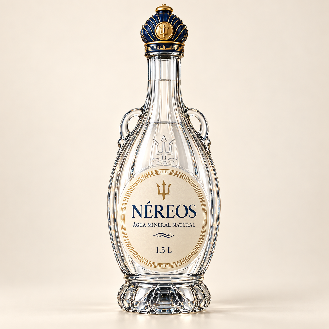 Garrafa NÉREOS de 1,5 L em vidro transparente, com tampa azul e dourada