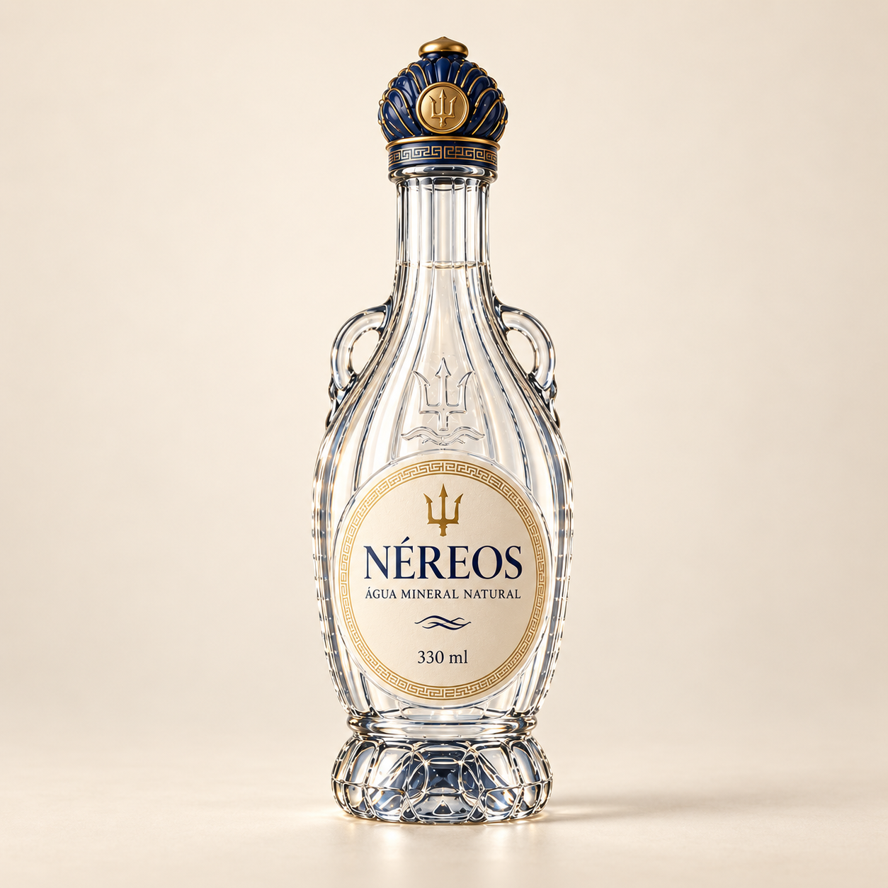 Garrafa NÉREOS de 330 ml em vidro transparente, com tampa azul e dourada