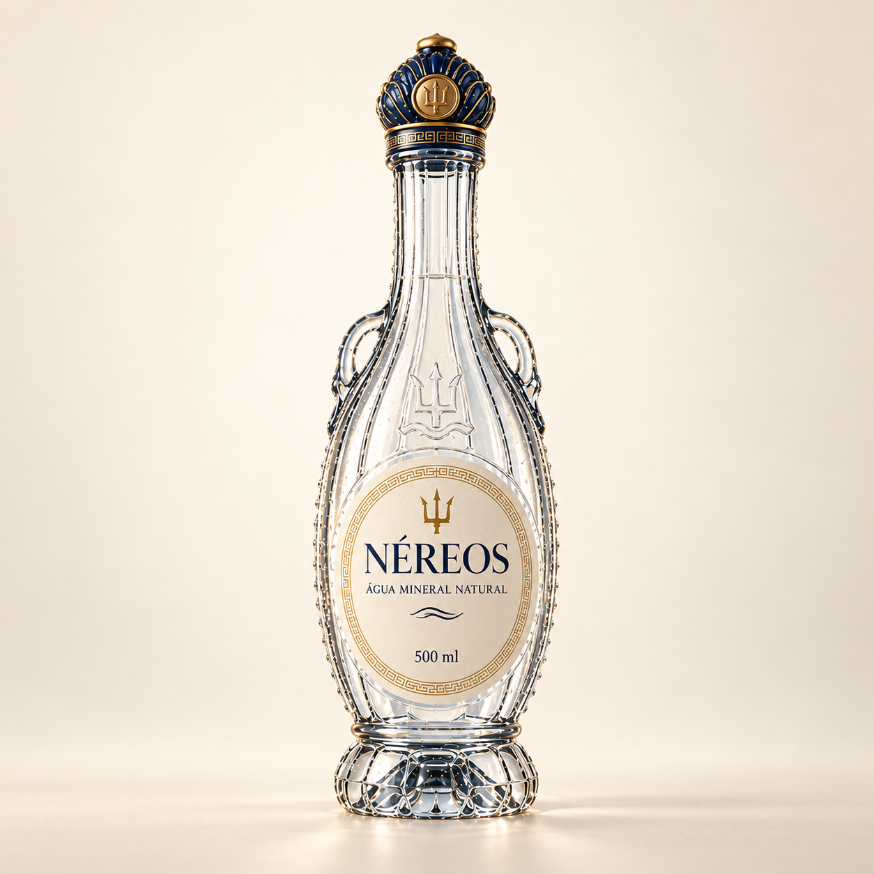 Garrafa NÉREOS de 500 ml em vidro transparente, com rótulo oval marfim